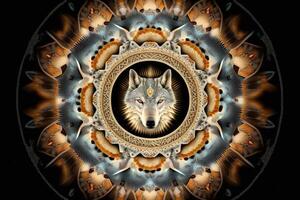 lobo animal mandala fractal ilustración generativo ai foto