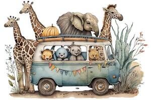 Baby safari animals in jeep illustration photo