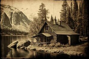 Clásico estilo foto de de madera retirada choza cabina cerca un lago en el bosque ilustración generativo ai