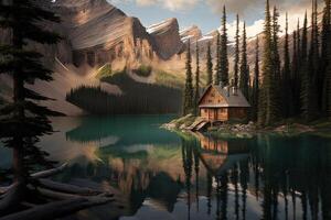 de madera retirada choza cabina cerca un lago en el bosque cerca yoho banff parque Esmeralda lago ilustración generativo ai foto