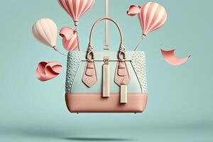 Woman handbag and accessories flying in the air on a light background. Fashionable women items illustration photo