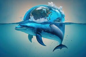 World Dolphin Day, international Dolphin day, Dolphin day, Dolphin with world of water on blue background illustration photo