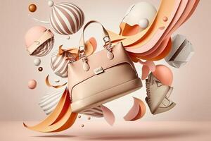 Woman handbag and accessories flying in the air on a light background. Fashionable women items illustration photo