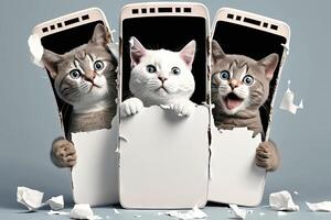 Wow, Great Offer concept. Three excited diverse cat 3 big cell phones showing to camera through torn paper holes. illustration photo