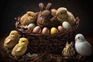 basket of chocolate Easter eggs, surrounded by small fluffy chicks and plush bunnies illustration photo