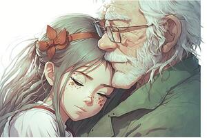 anime niña dormido con abuelo, manga estilo ilustración generativo ai foto