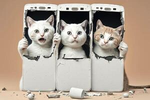 Wow, Great Offer concept. Three excited diverse cat 3 big cell phones showing to camera through torn paper holes. illustration photo
