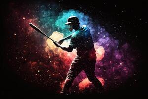 béisbol jugador sorprendentes pelota galaxia nebulosa explosión ilustración generativo ai foto