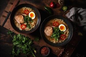 Two bowls of home made pork ramen decorated with chillies, shiitake, nori and scallions with a slate board. Top View. Copy Space photo