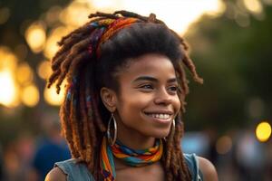 Cheerful woman with dreadlocks smiling with her eyes closed. . photo
