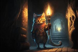 cat exploring a dungeon in search of dragons using a torch illustration photo