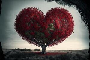 grande árbol con rojo corazones colgando amor enamorado día concepto ilustración generativo ai foto