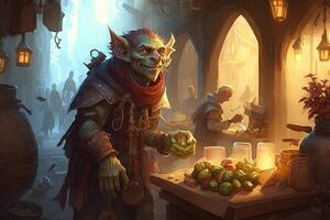 Bustling marketplace filled with goblins selling strange and exotic wares, from potions and enchanted trinkets to live creatures and question illustration photo