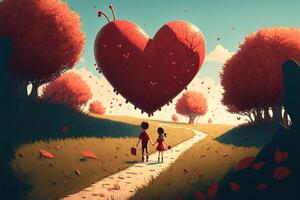 boy and girl holding hand in the path of love to big Love Valentine day concept illustration photo