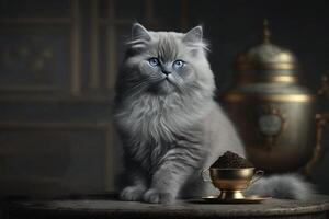 cat modeling for a luxury ultra expensive cat food line product illustration photo