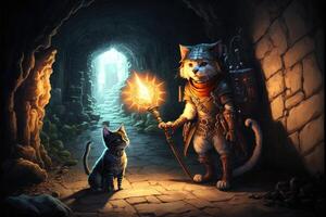 cat exploring a dungeon in search of dragons using a torch illustration photo