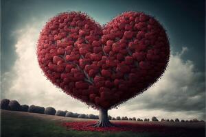 grande árbol con rojo corazones colgando amor enamorado día concepto ilustración generativo ai foto