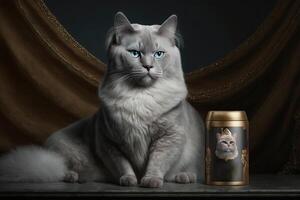 cat modeling for a luxury ultra expensive cat food line product illustration photo