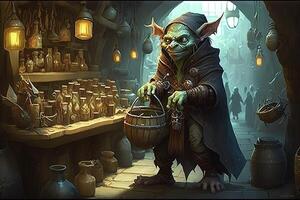 Bustling marketplace filled with goblins selling strange and exotic wares, from potions and enchanted trinkets to live creatures and question illustration photo