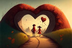 boy and girl holding hand in the path of love to big Love Valentine day concept illustration photo