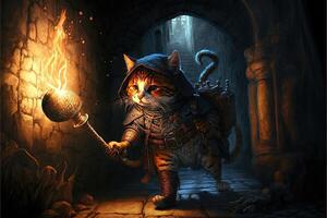 cat exploring a dungeon in search of dragons using a torch illustration photo