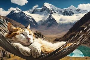 un aburrido gato dormido en un hamaca en frente de el himalaya ilustración generativo ai foto