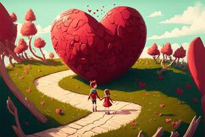 boy and girl holding hand in the path of love to big Love Valentine day concept illustration photo