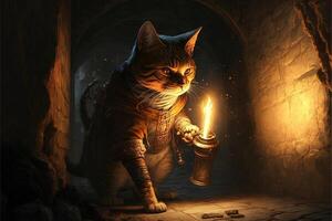 cat exploring a dungeon in search of dragons using a torch illustration photo
