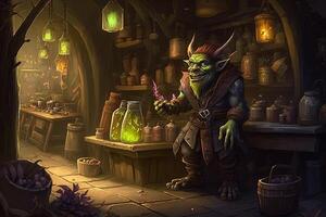 Bustling marketplace filled with goblins selling strange and exotic wares, from potions and enchanted trinkets to live creatures and question illustration photo