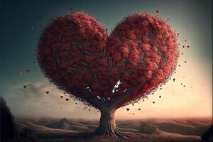 grande árbol con rojo corazones colgando amor enamorado día concepto ilustración generativo ai foto