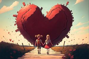 boy and girl holding hand in the path of love to big Love Valentine day concept illustration photo