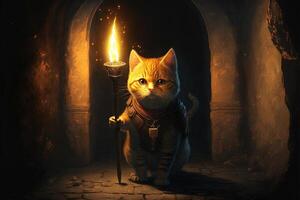cat exploring a dungeon in search of dragons using a torch illustration photo
