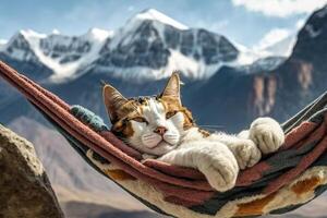 un aburrido gato dormido en un hamaca en frente de el himalaya ilustración generativo ai foto