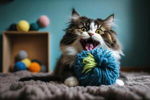 cat modeling to advertise a cat toy, showing off how much fun the toy is illustration photo