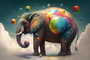 Multi colored elephant floating on clouds illustration illustration photo