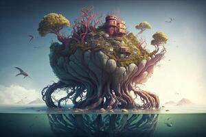 Floating island populated by a variety of bizarre and monstrous creatures, from giant tentacled beasts to strange hybrid animals that defy classification illustration photo