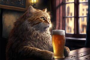 Cat drinking a beer in a pub bar illustration photo