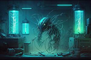 futuristic laboratory where creatures made out of metal and wires are being created and tested, with glowing tubes and wires running throughout the room illustration photo