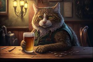 Cat drinking a beer in a pub bar illustration photo