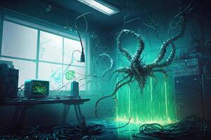 futuristic laboratory where creatures made out of metal and wires are being created and tested, with glowing tubes and wires running throughout the room illustration photo