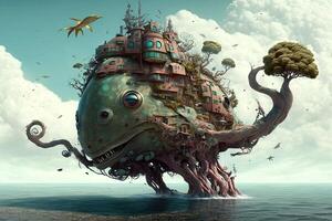 Floating island populated by a variety of bizarre and monstrous creatures, from giant tentacled beasts to strange hybrid animals that defy classification illustration photo