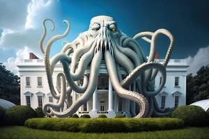 Giant octopus holding washington dc white house with tentacles illustration photo