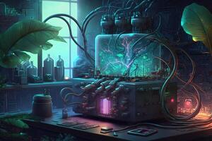 futuristic laboratory where creatures made out of metal and wires are being created and tested, with glowing tubes and wires running throughout the room illustration photo