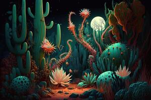 garden filled with surreal and impossible plants, such as cacti with tentacles, flowers with teeth, and trees with glowing, pulsating leaves illustration photo