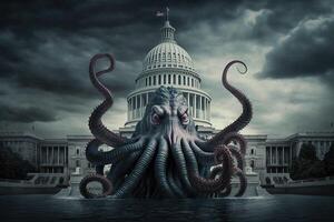 Giant octopus holding washington dc capitol with tentacles illustration photo