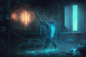 futuristic laboratory where creatures made out of metal and wires are being created and tested, with glowing tubes and wires running throughout the room illustration photo