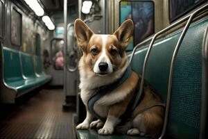 un perro animal en nuevo York ciudad subterraneo subterráneo metro tren ilustración generativo ai foto