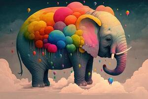 Multi colored elephant floating on clouds illustration illustration photo