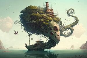 Floating island populated by a variety of bizarre and monstrous creatures, from giant tentacled beasts to strange hybrid animals that defy classification illustration photo