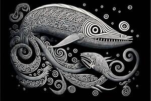 maorí tribal gigante pescado bosquejo polinesio tatuaje modelo ilustración generativo ai foto